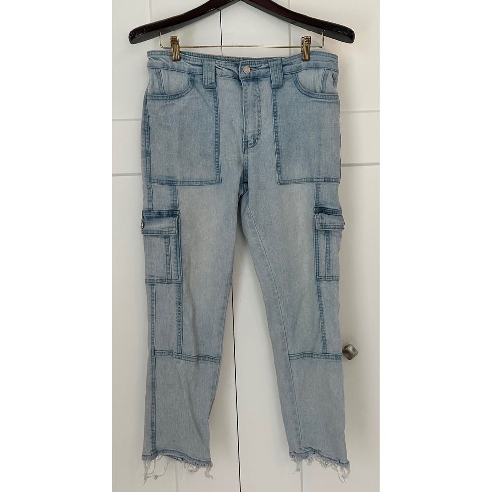 KanCan Light Wash Cargo Jeans High Rise Frayed Hem Utility‎ Denim Size 11/29